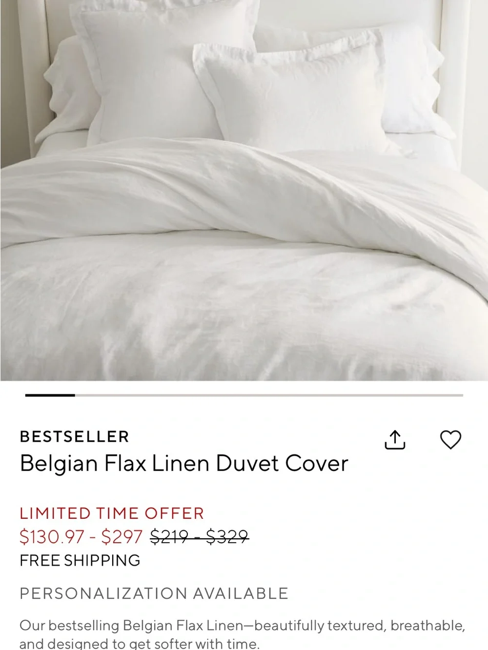 Pottery Barn Belgian Flax Linen Duvet Cover - White
